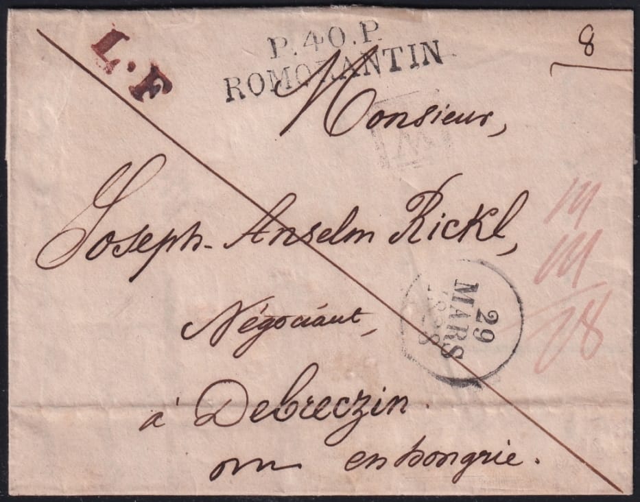 Vorphilatelie Österreich 29.03.1828 "Romorantin (Frankreich)" - "Debrezin (Ungarn)"
