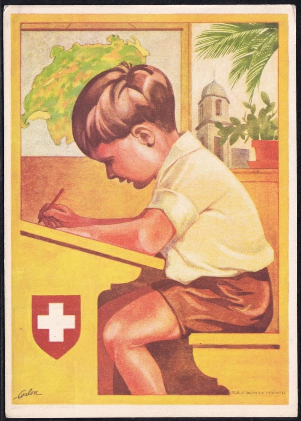 Schweiz Bundesfeierkarten 1930 Knabe auf Schulbank, 40Rp.