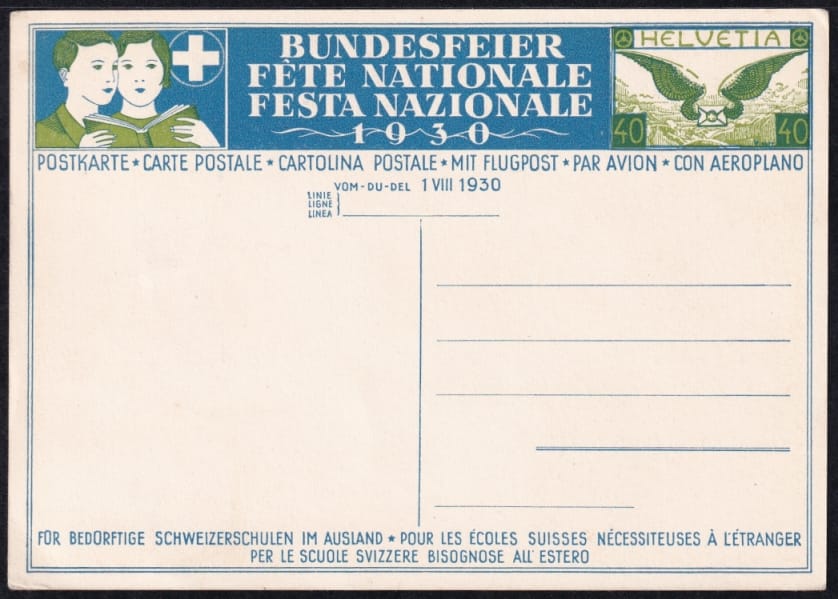 Schweiz Bundesfeierkarten 1930 Knabe auf Schulbank, 40Rp. – Bild 2