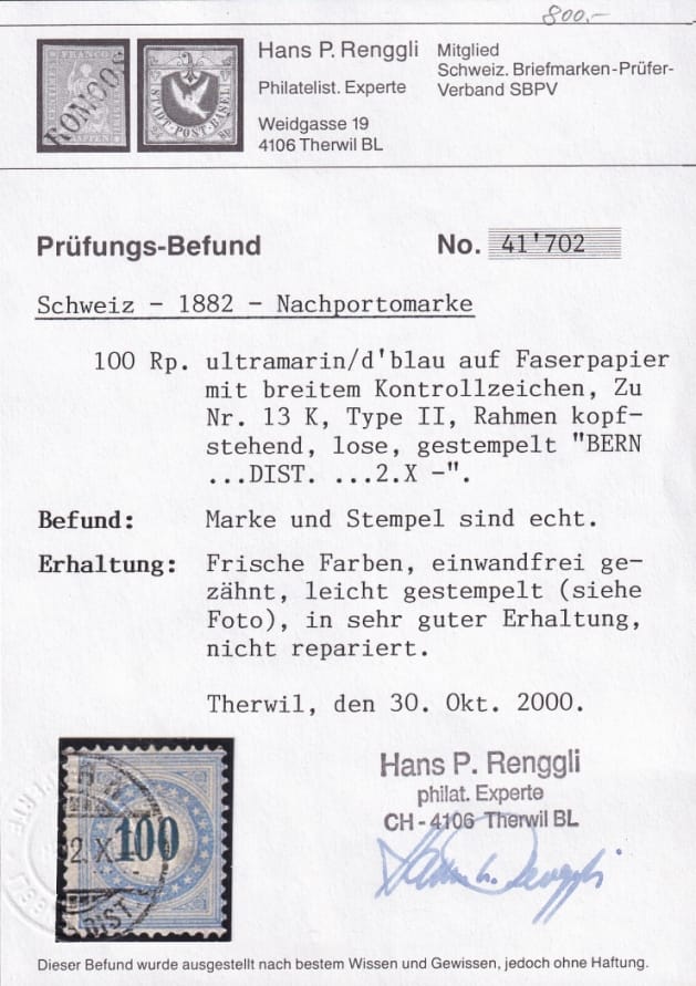 Schweiz, Nachporto, Nr.13K II, sauber gestempelte Marke – Bild 2