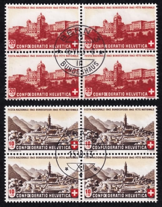 Schweiz, Pro Patria, Nr. 20-21 im Viererblock Orts-ET - Briefmarken.world