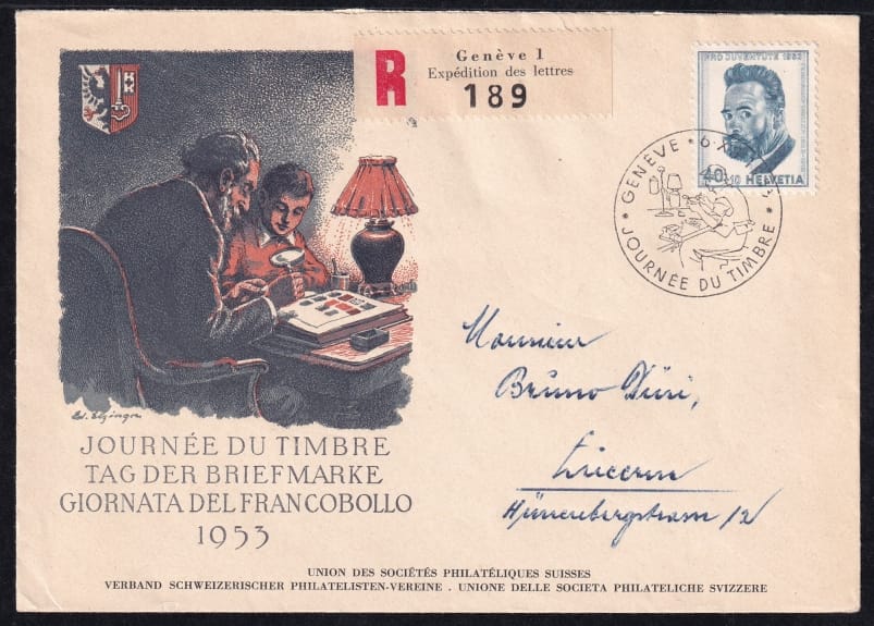 Schweiz, Tag der Briefmarke, 1953 Geneve, portogerechter R-Brief