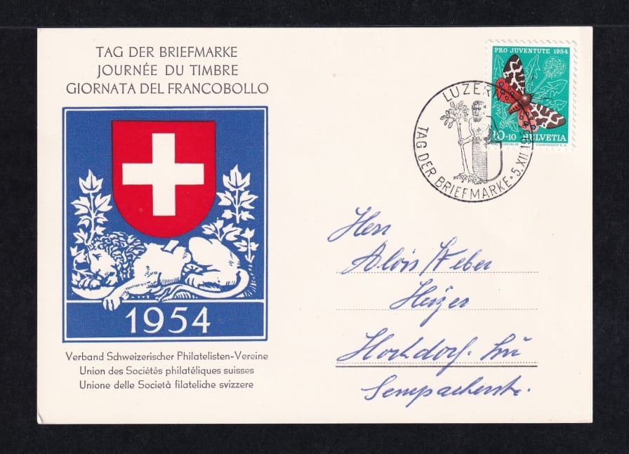 Schweiz, Tag der Briefmarke, 1954 Luzern, Karte mit PJ frankiert