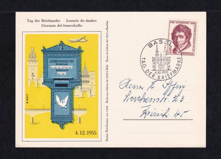 Schweiz, Tag der Briefmarke, 1955 Basel, Karte, PJ-Frankatur