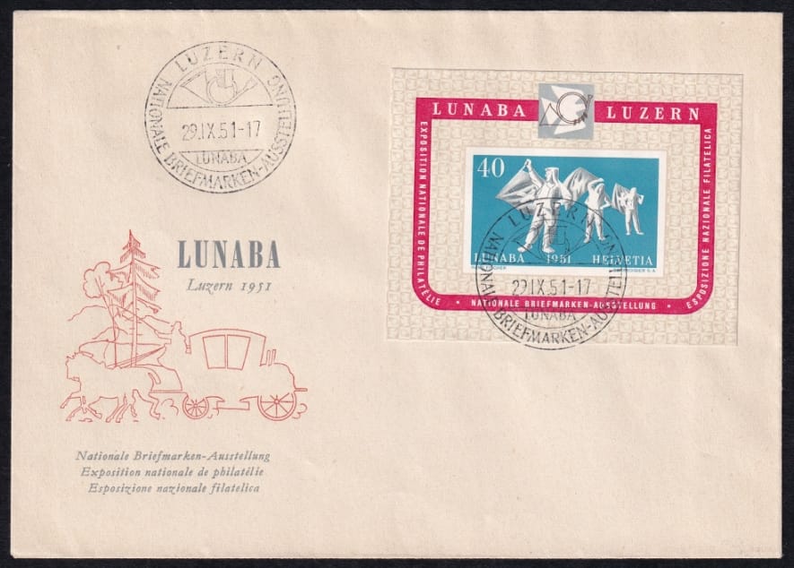 Schweiz, Zuschlagsausgaben, LUNABA LUZERN 1951, unadr. illustr. FDC