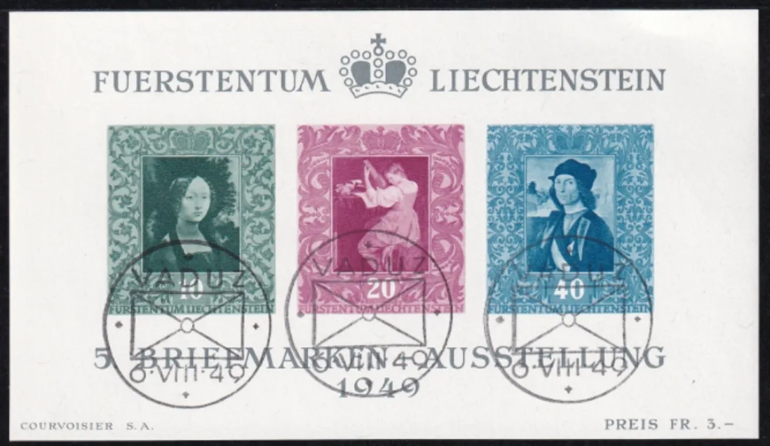 Liechtenstein, Zuschlagsausgaben, Gemäldeblock, sauberer Ersttag-Stempel