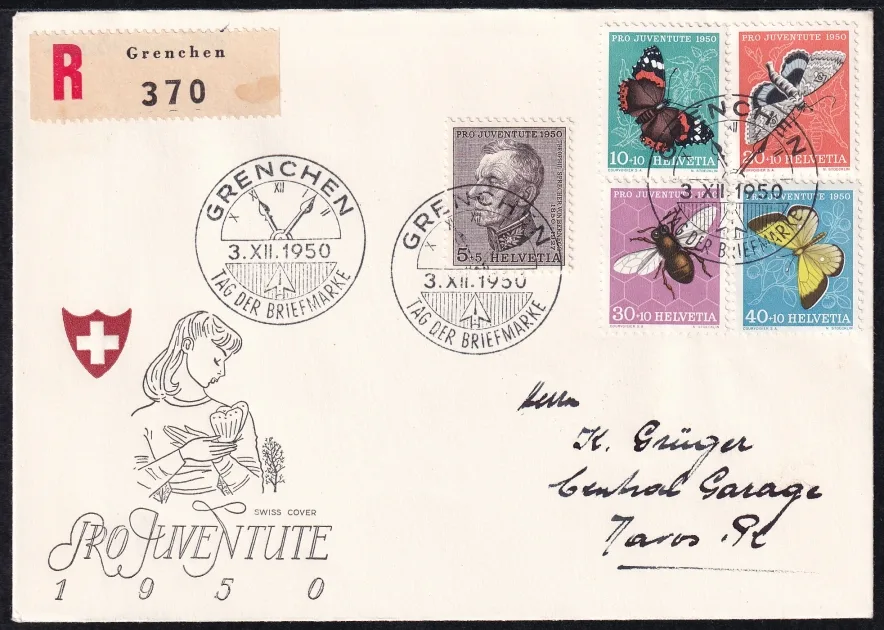 Schweiz Pro Juventute 1950 Serie auf illustriertem R-Brief mit Stempel "Tag der Briefmarke"