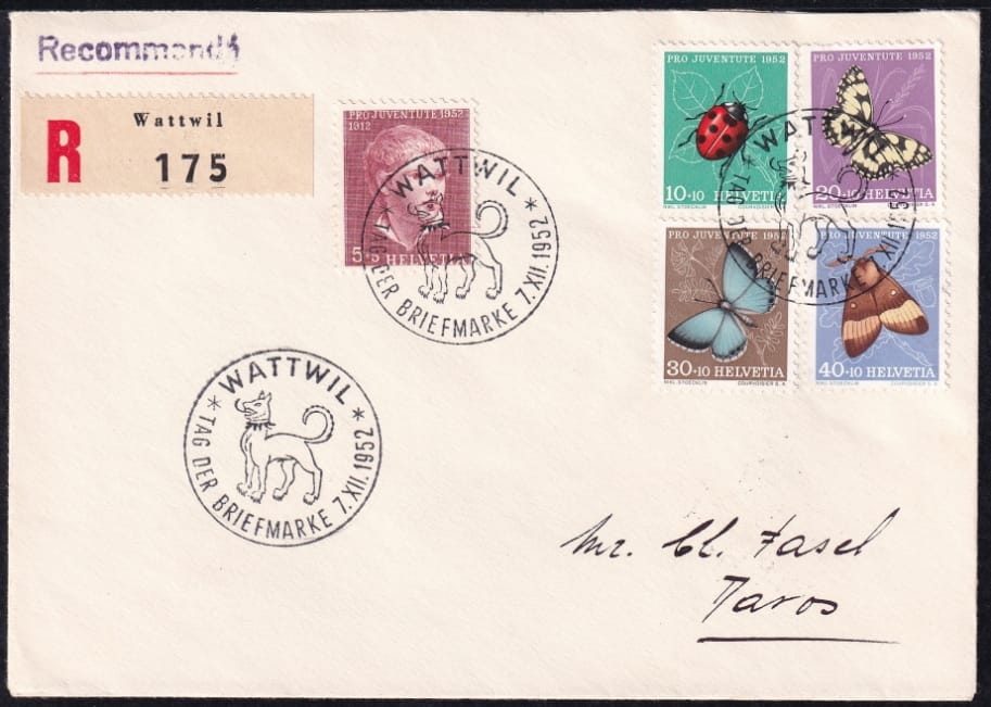 Schweiz Pro Juventute 1952 Serie auf R-Brief mit Stempel "Tag der Briefmarke"