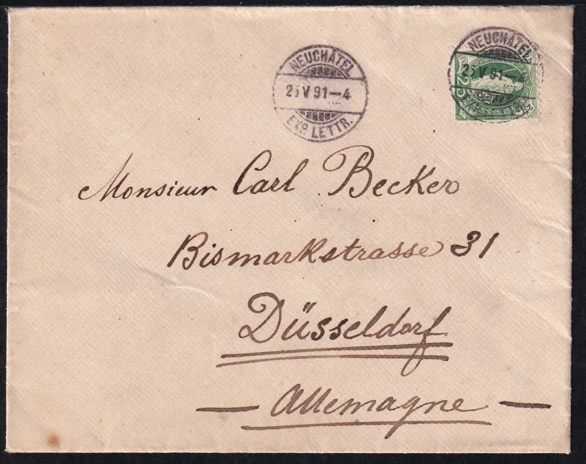 Schweiz Stehende Helvetia Nr.67A auf sauberem Brief nach DÜSSELDORF
