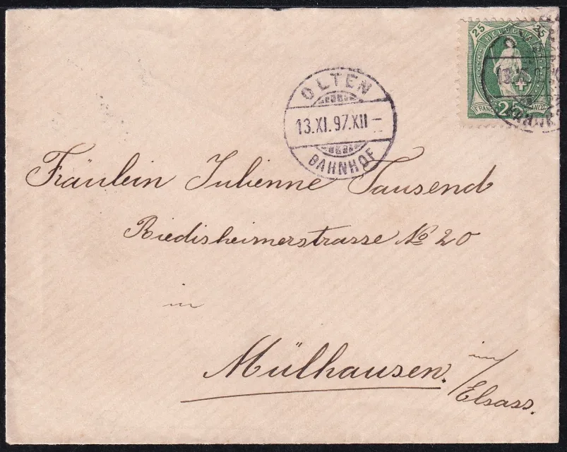 Schweiz Stehende Helvetia Nr.67D auf kleinformatigem Brief nach MÜLHAUSEN