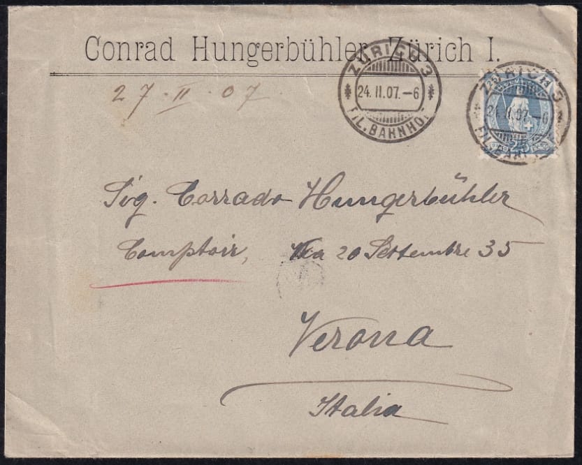 Schweiz Stehende Helvetia Nr.93A auf Geschäftsbrief nach VERONA