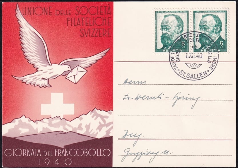 Schweiz, Tag der Briefmarke, 1940, Karte italienisch, frankiert mit PJ-Nr.93