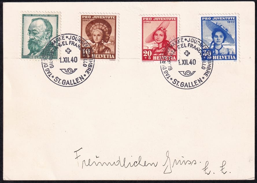 Schweiz, Tag der Briefmarke, 1940, Karte italienisch, frankiert rückseitig mit komplettem PJ-Satz