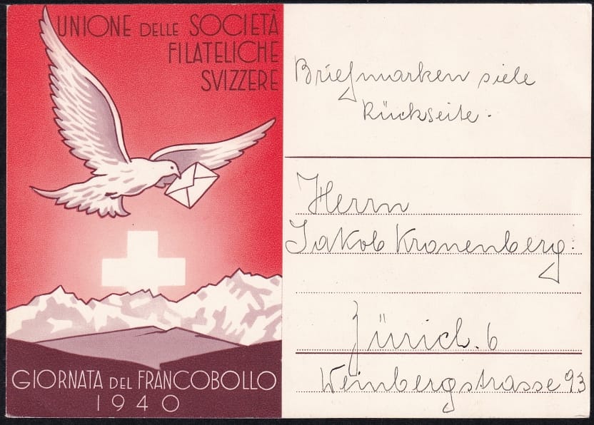 Schweiz, Tag der Briefmarke, 1940, Karte italienisch, frankiert rückseitig mit komplettem PJ-Satz – Bild 2
