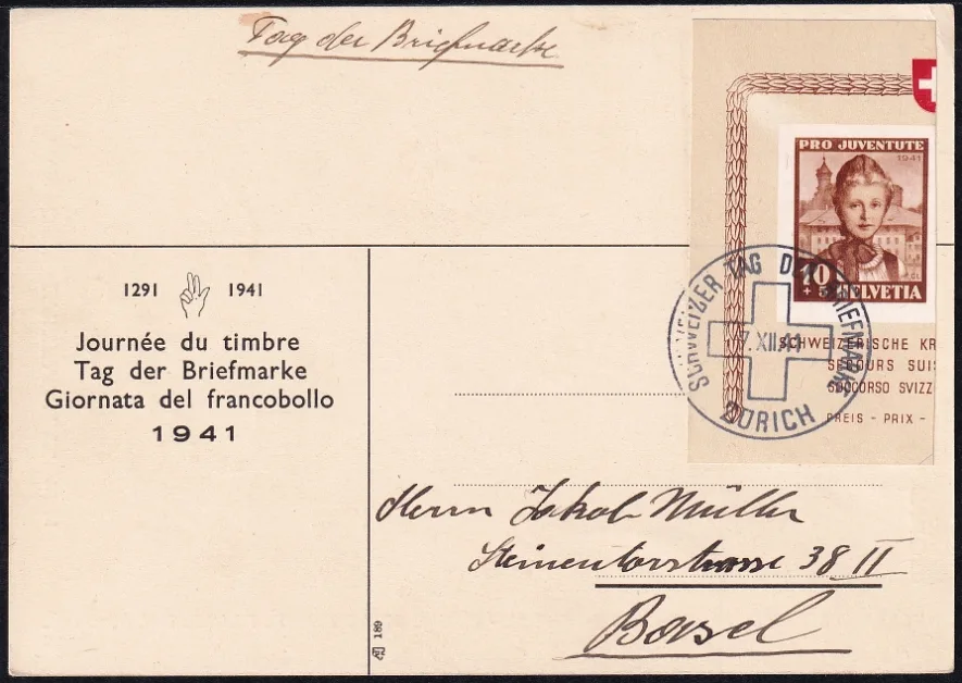 Schweiz, Tag der Briefmarke, 1941, Karte mit PJ-Nr.98I Blockausschnitt