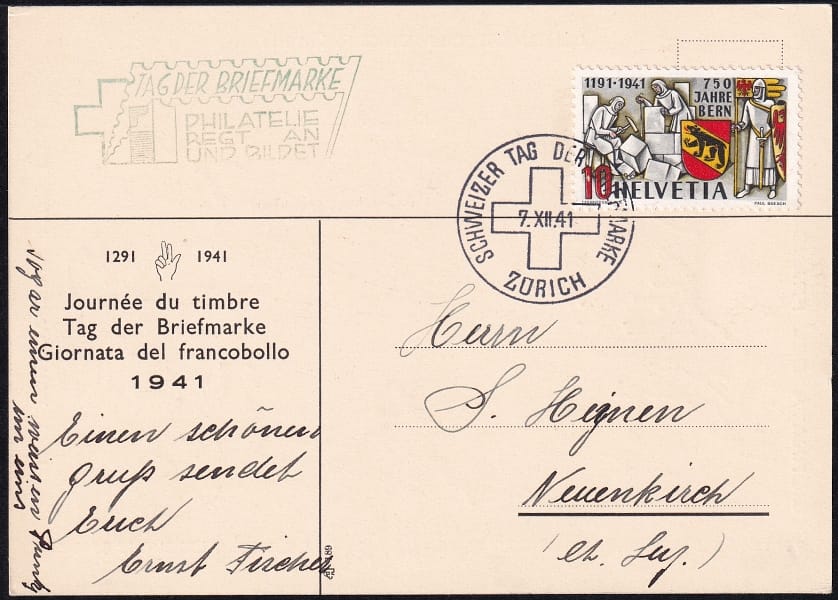 Schweiz, Tag der Briefmarke, 1941, Karte mit Zusatzstempel