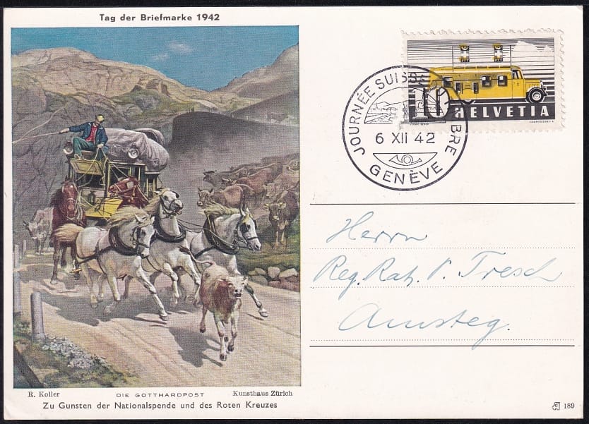 Schweiz, Tag der Briefmarke, 1942, Karte deutsch, frankiert mit Nr.210 und Zudruck Bündner Briefmarken-Ausstellung