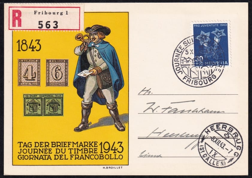 Schweiz Tag der Briefmarke 1943 Fribourg, portogerechte R-Karte