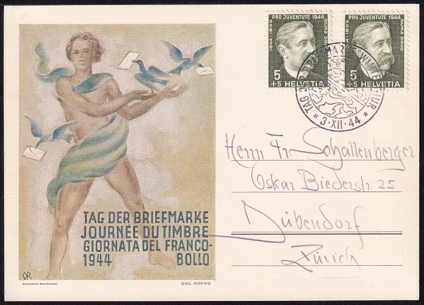 Schweiz, Tag der Briefmarke, 1944 Winterthur, Karte mit Pro Juventute Frankatur