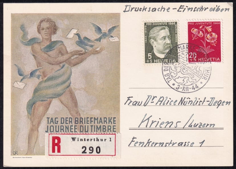 Schweiz, Tag der Briefmarke, 1944 Winterthur, eingeschriebene Drucksache mit PJ frankiert