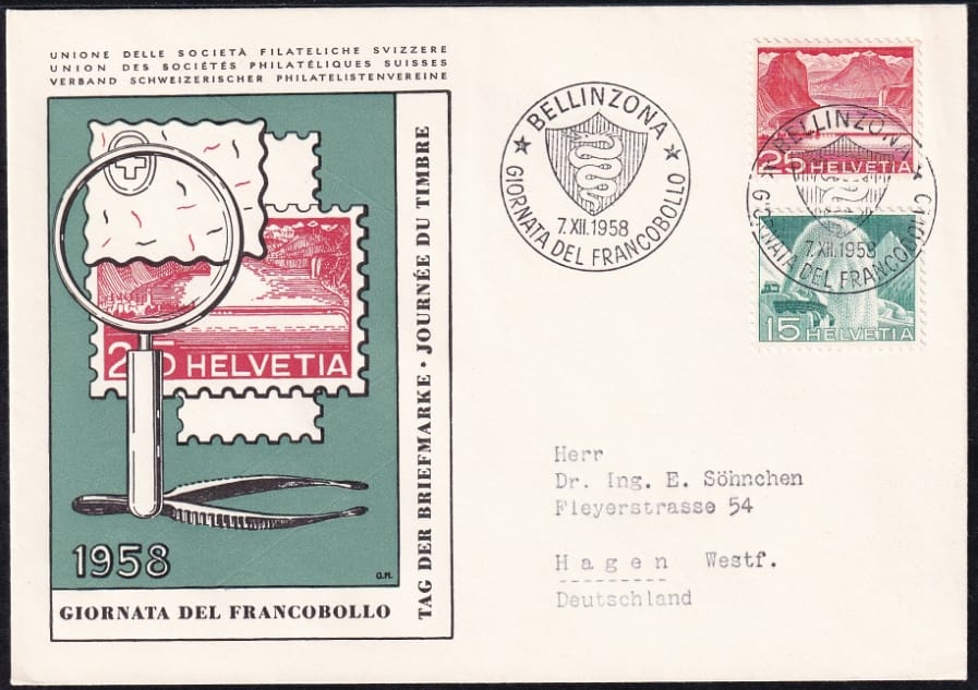 Schweiz, Tag der Briefmarke, 1958, portogerechter Auslands-Brief frankiert mit passender Marke, Nr.300/302