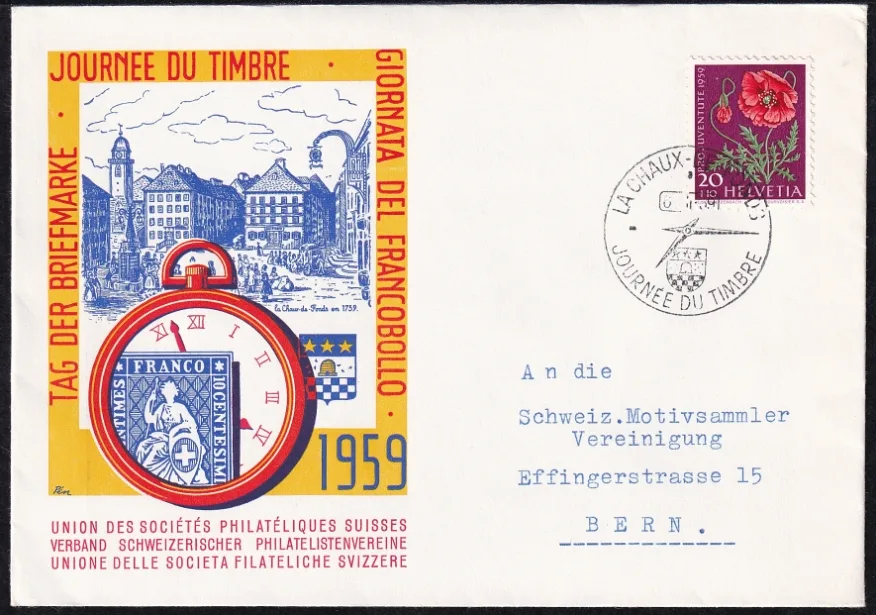Schweiz, Tag der Briefmarke, 1959, Brief, frankiert mit PJ-Nr.180