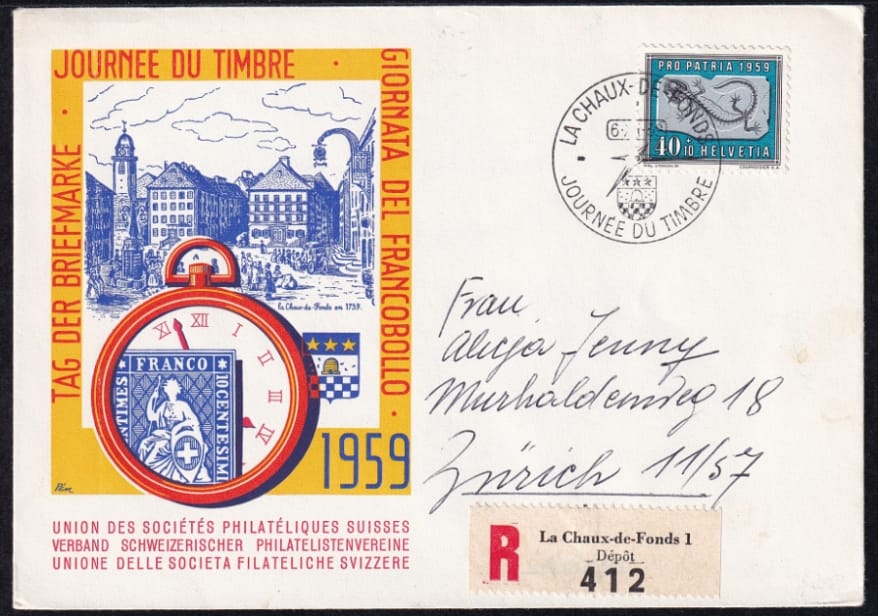 Schweiz, Tag der Briefmarke, 1959, portogerechter R- Brief, frankkiert mit PP-Nr.95