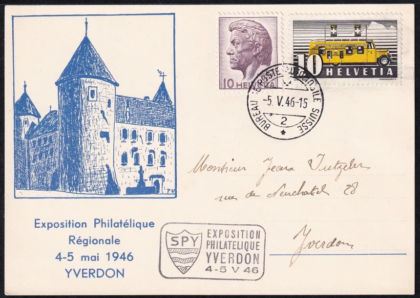 Schweiz, Freimarken auf Karte mit Sonderstempel "Exposition Philatelique Yverdon"