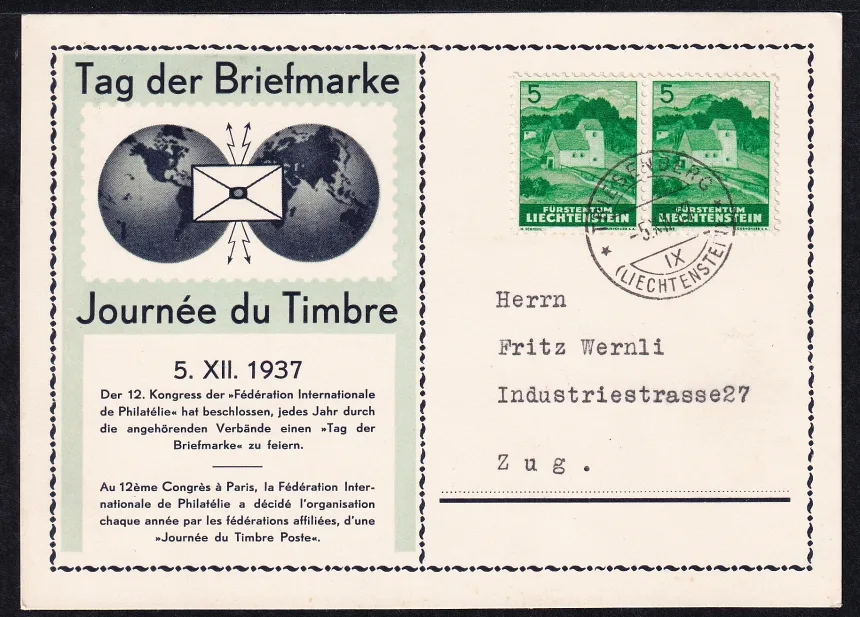 Schweiz, Tag der Briefmarke, 1937, Karte d/f grün mit Liechtenstein Frankatur gestempelt in Triesenberg