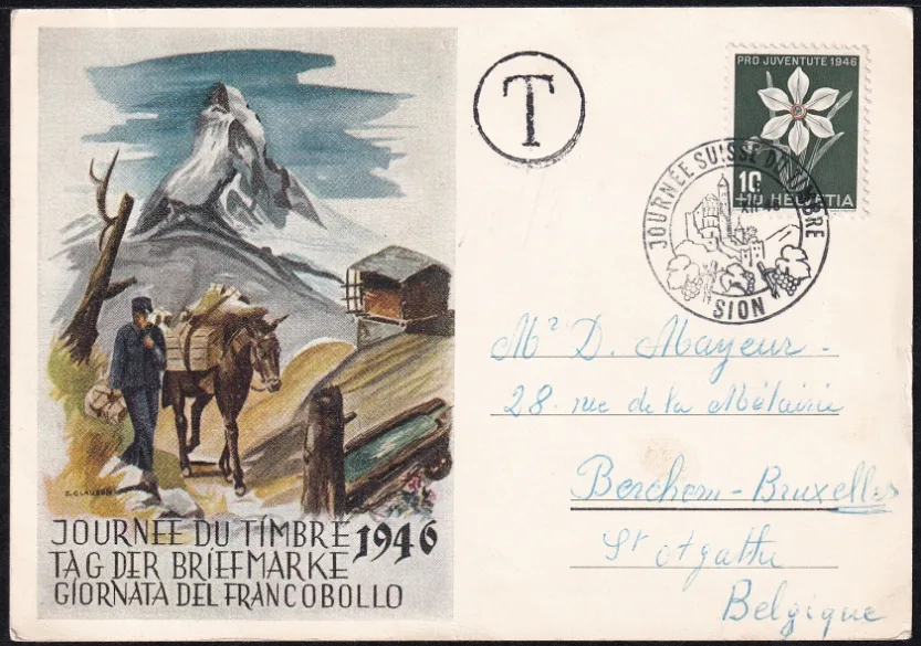 Schweiz, Tag der Briefmarke, 1946, unterfrankierte, taxierte Karte nach Belgien