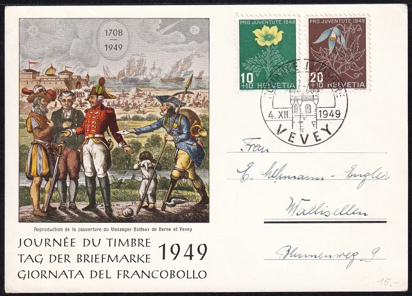 Schweiz, Tag der Briefmarke, 1949, Karte mit Stempel Vevey und PJ 130/131 frankiert