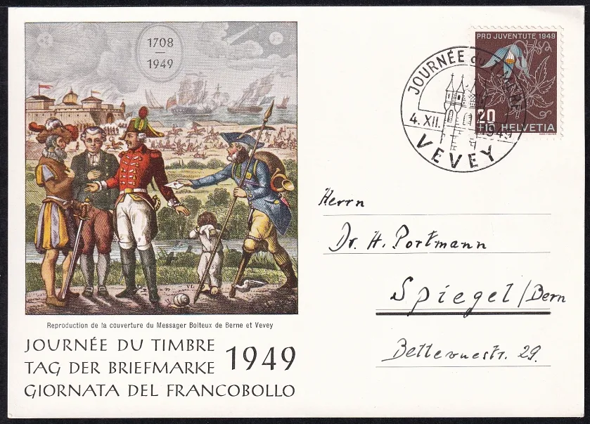 Schweiz, Tag der Briefmarke, 1949, Karte mit Stempel Vevey und PJ 131 frankiert