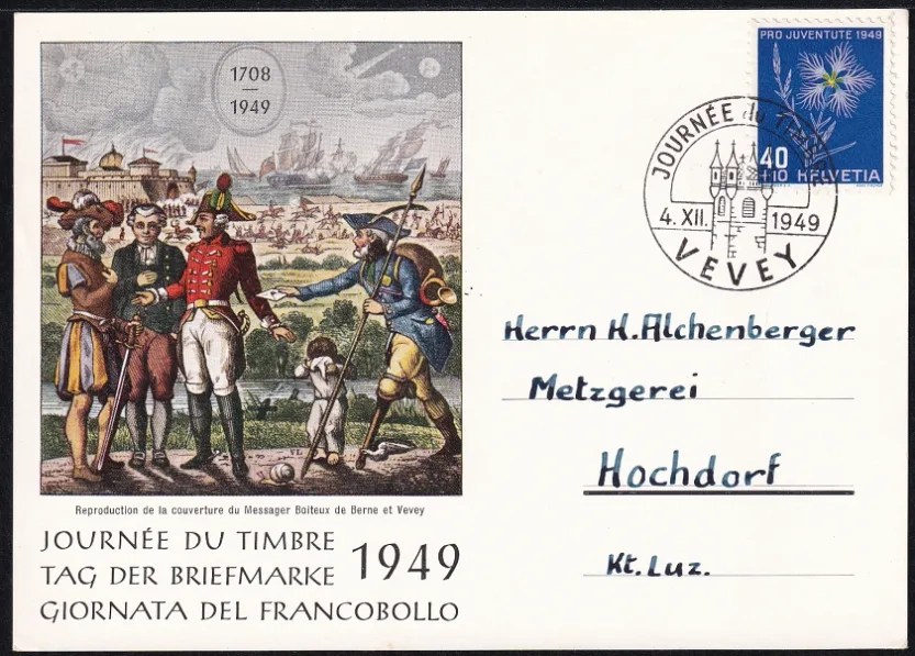 Schweiz, Tag der Briefmarke, 1949, Karte mit Stempel Vevey und PJ 132 frankiert