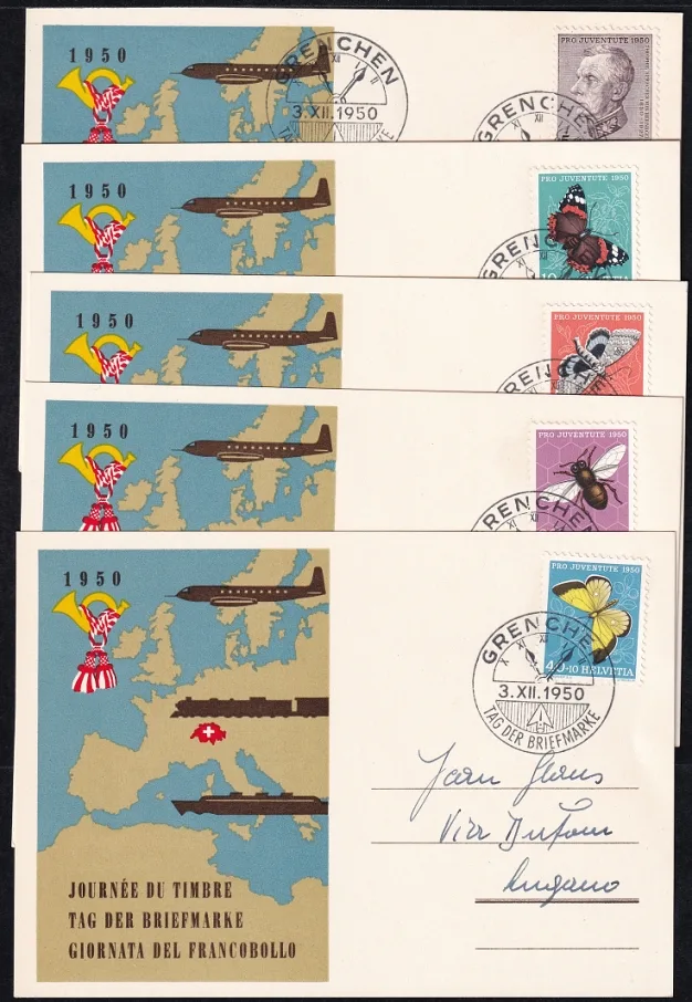 Schweiz, Tag der Briefmarke, 1950 Grenchen, komplette PJ-Serie auf 5 Karten