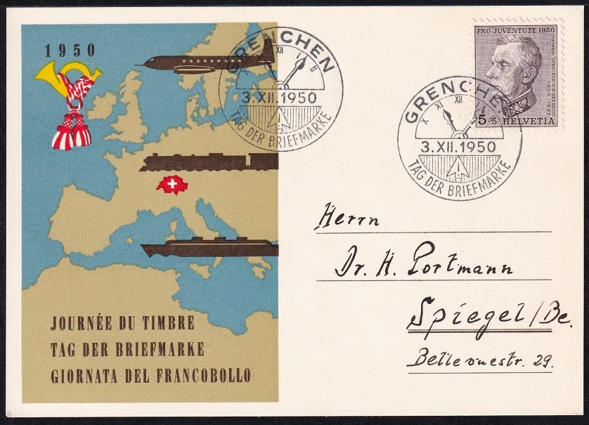 Schweiz, Tag der Briefmarke, 1950 Grenchen, komplette PJ-Serie auf 5 Karten – Bild 2