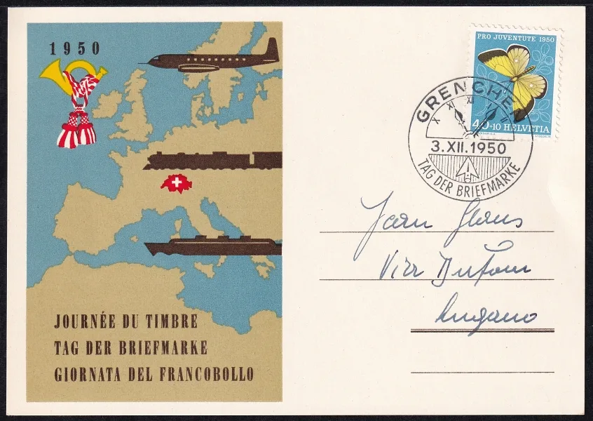 Schweiz, Tag der Briefmarke, 1950 Grenchen, komplette PJ-Serie auf 5 Karten – Bild 6