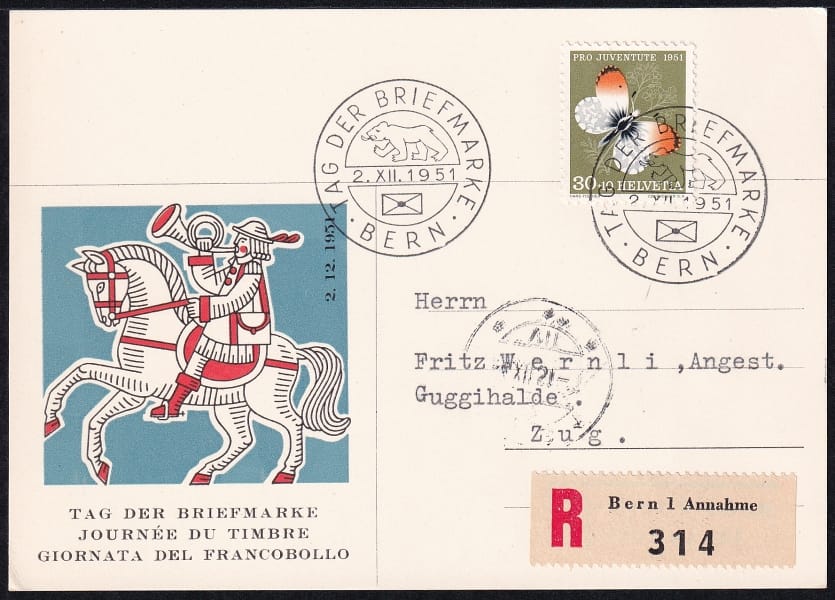 Schweiz, Tag der Briefmarke, 1951 Bern, portogerechte R-Karte mit PJ 141 frankiert