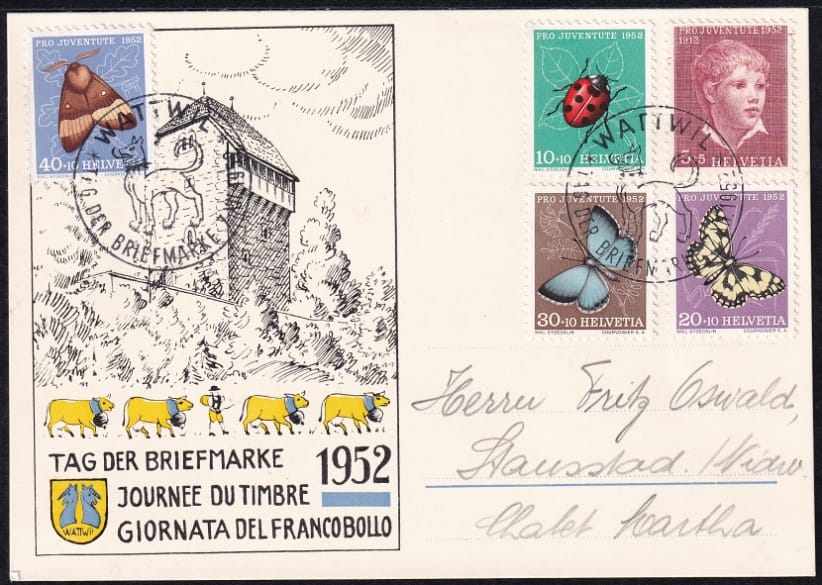 Schweiz, Tag der Briefmarke, 1952 Wattwil, Karte mit kompletter Serie PJ 143 - 147 frankiert