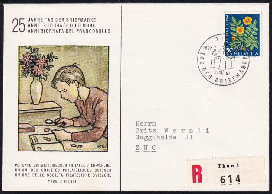 Schweiz, Tag der Briefmarke, 1961 Thun, R-Brief mit PJ 192 frankiert