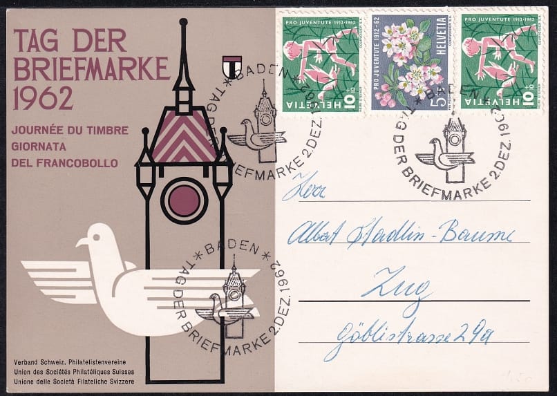 Schweiz, Tag der Briefmarke, 1962 Baden, Karte mit PJ 193/194 frankiert