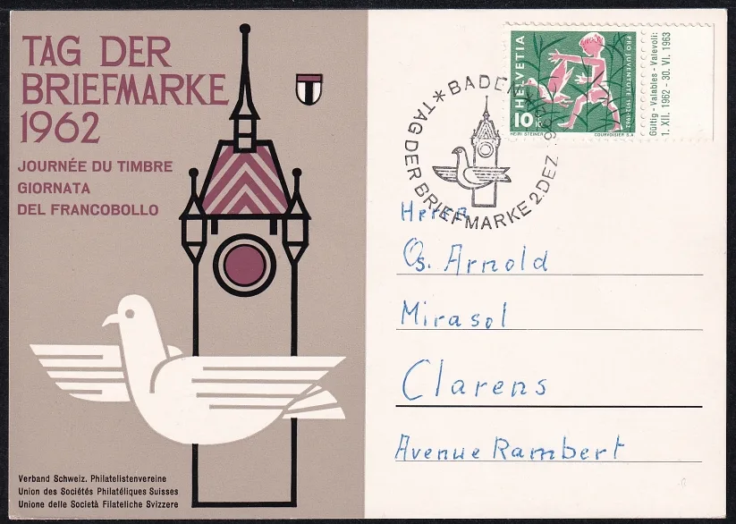 Schweiz, Tag der Briefmarke, 1962 Baden, Karte mit PJ 194 frankiert