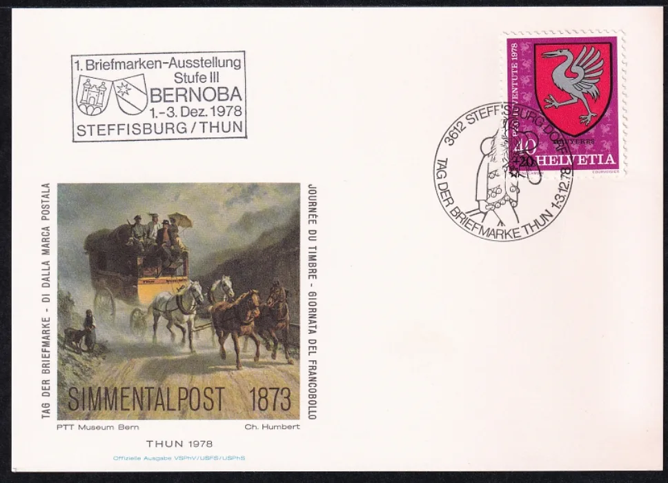 Schweiz, Tag der Briefmarke, 1978 Thun, Karte mit Zusatzstempel Bernoba und PJ 266 frankiert