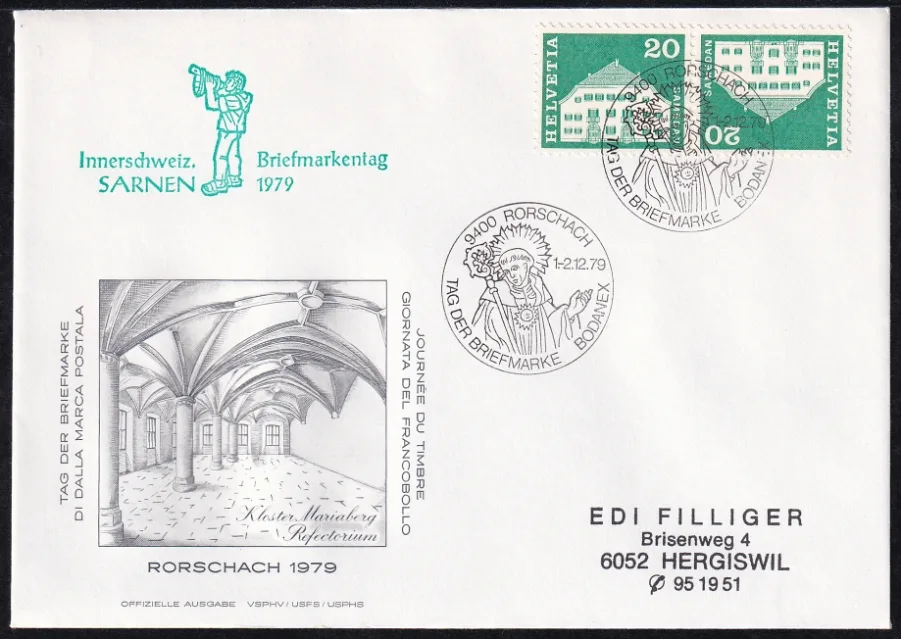 Schweiz, Tag der Briefmarke, 1979, Brief Rorschach, Kehrdruck mit Zusatzstempel Sarnen