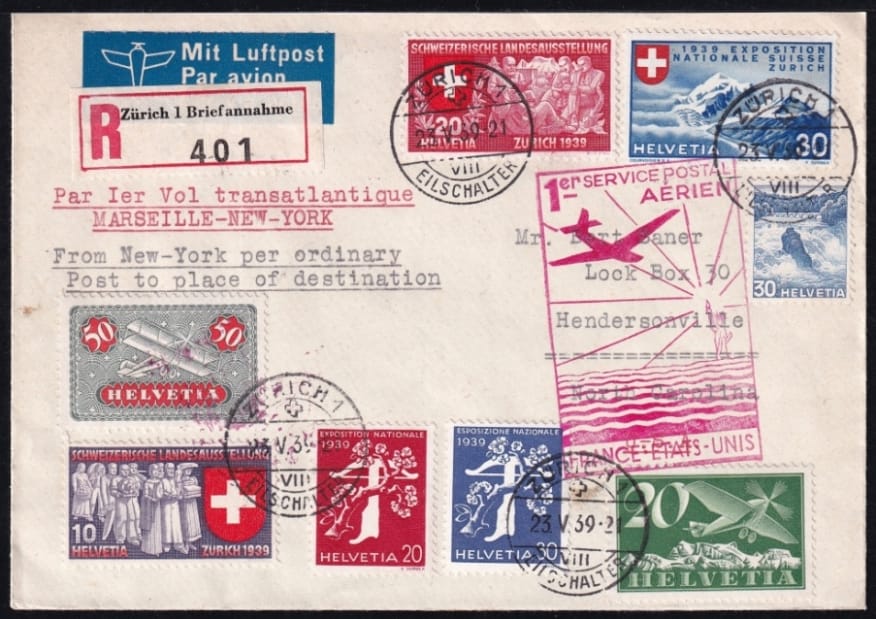 1. Transatlantik-Flug "Marseille - New York" - portogerechter R-Brief mit rückseitigen Transit und Ankunfts-Stempel