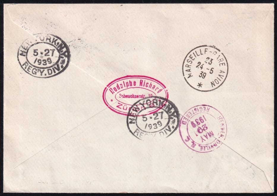 1. Transatlantik-Flug "Marseille - New York" - portogerechter R-Brief mit rückseitigen Transit und Ankunfts-Stempel – Bild 2