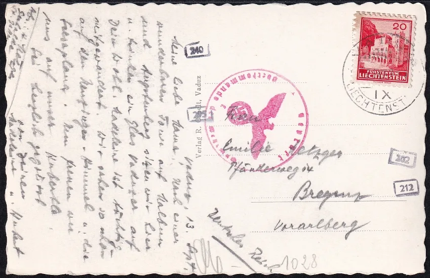 Liechtenstein 1934 Rollenmarke mit Klebstelle auf Ansichtskarte nach Bregenz, zensuriert