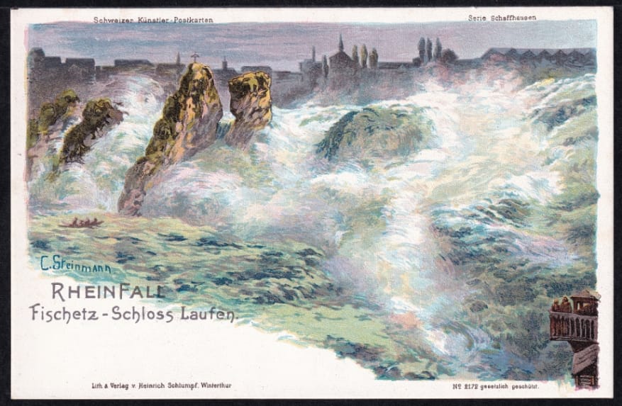 Lithokarte Schweiz ca. 1900, Rheinfall Fischetz - Schloss Laufen, Steinmann Litho nicht gelaufen