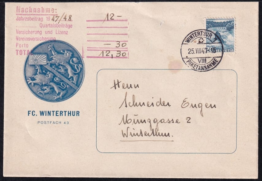 Schweiz 1947 Freimarken/Thematik, Nachnahme des FC Winterthur für Jahresbeitrag