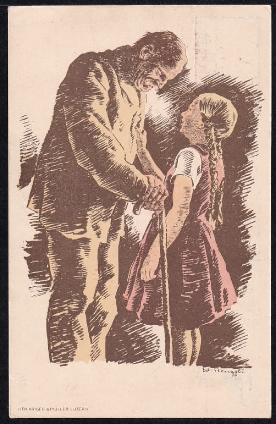 Schweiz Bundesfeierkarten 1928 Grossvater mit Mädchen, Flugpostausgabe 25 Rp. blau, Flug Basel-Zürich, gestempelt 1.8. – Bild 2