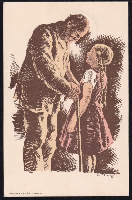 Schweiz Bundesfeierkarten 1928 Grossvater mit Mädchen, Flugpostausgabe 25 Rp. blau, Flug Genf-Zürich, gestempelt 1.8. – Bild 2